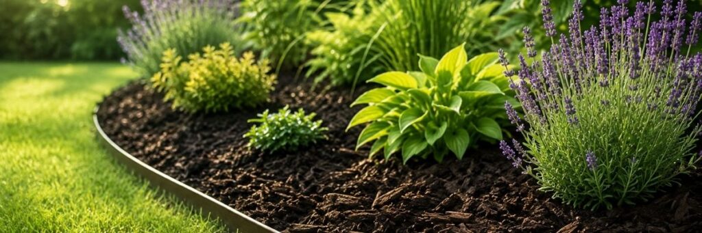 Mulched garden border helping plants retain moisture during hot, dry summer weather.
