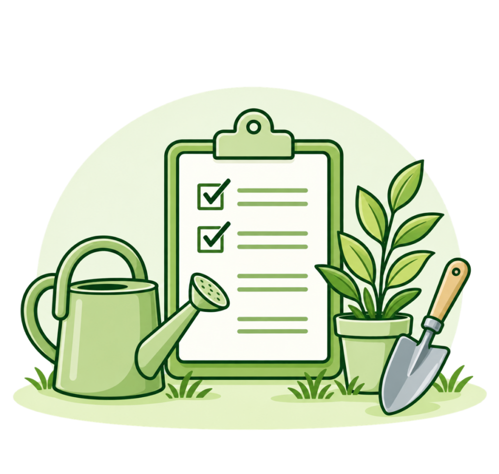 Gardening checklist with watering can, plant and hand trowel for preparing the garden for autumn.