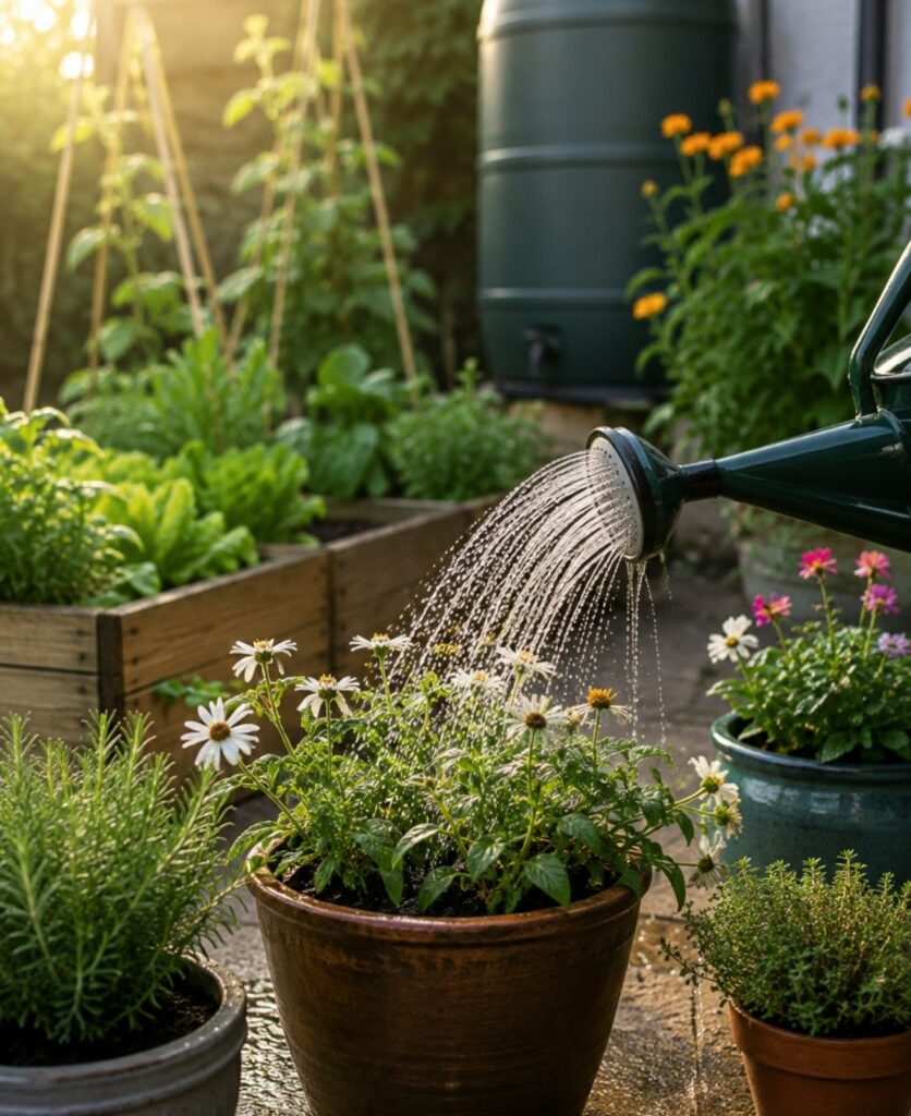 Watering container plants early in the morning during hot, dry summer weather.