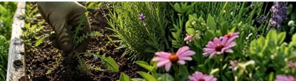 Gardener removing weeds by hand from a flower border during hot, dry summer weather.