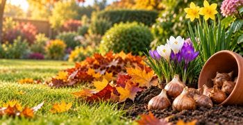 Autumn garden with fallen leaves, spring bulbs and colourful flowers ready for September gardening jobs.