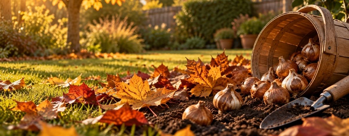 Spring bulbs spilling from a basket in an autumn garden with fallen leaves, ready for September planting.