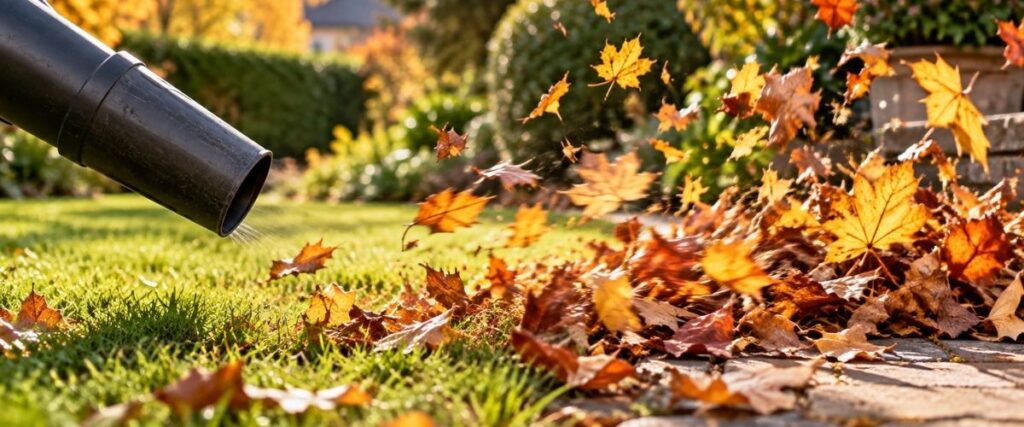 Leaf blower clearing fallen autumn leaves from a lawn and garden path.