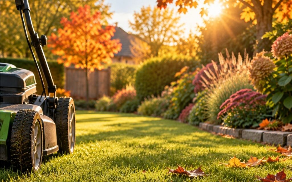 Autumn lawn with a mower and fallen leaves in warm September sunshine.