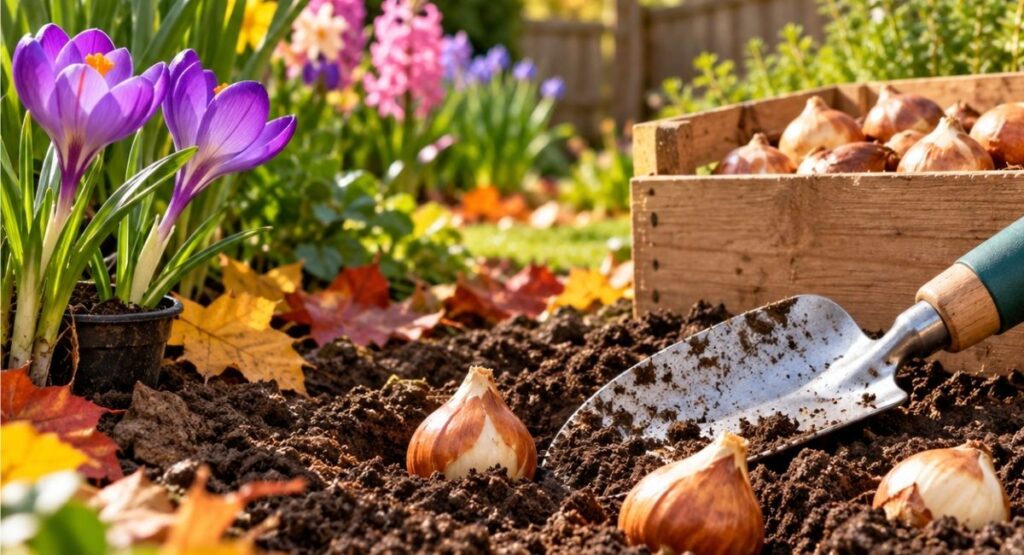 Spring-flowering bulbs ready for planting in a sunny autumn garden with daffodils and crocuses.