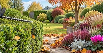 Hedge trimming in an autumn garden with colourful winter-flowering plants, including heathers, cyclamen and pansies, as part of October gardening jobs.