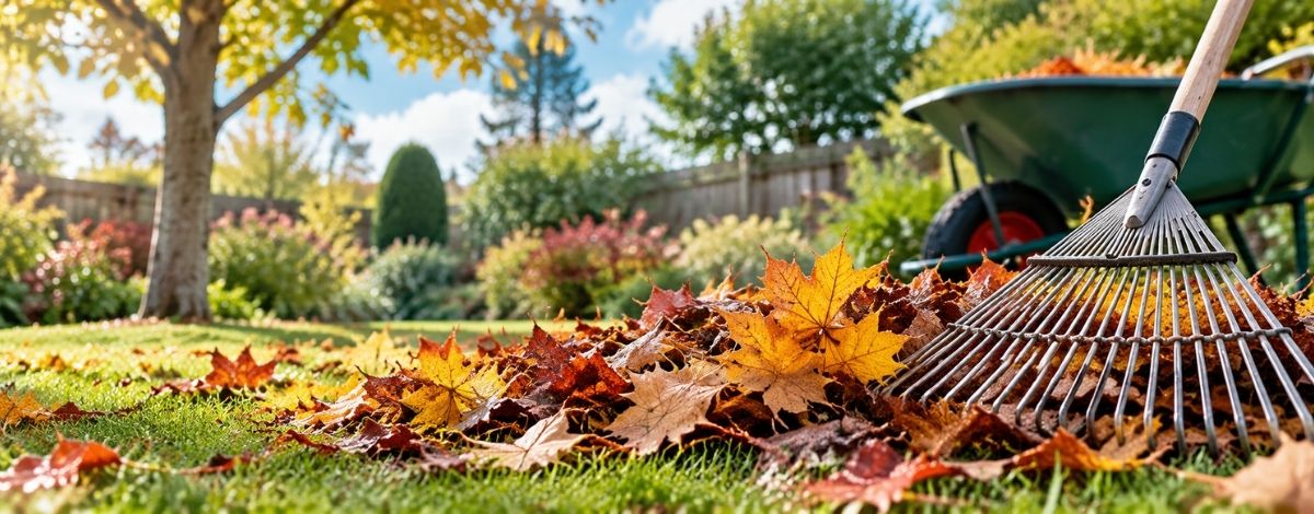 Autumn garden with fallen leaves being gathered by a rake, a wheelbarrow in the background and October sunshine filtering through the trees.