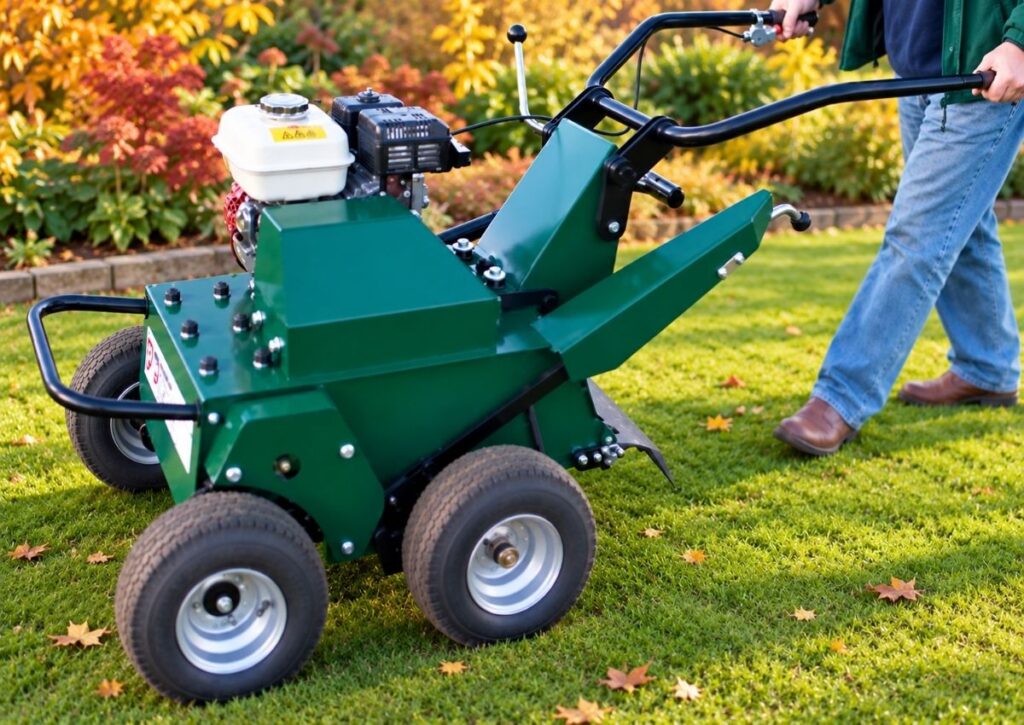 Groundsman lawn aerator being operated on a green lawn in an autumn garden, helping improve drainage and lawn health before winter.