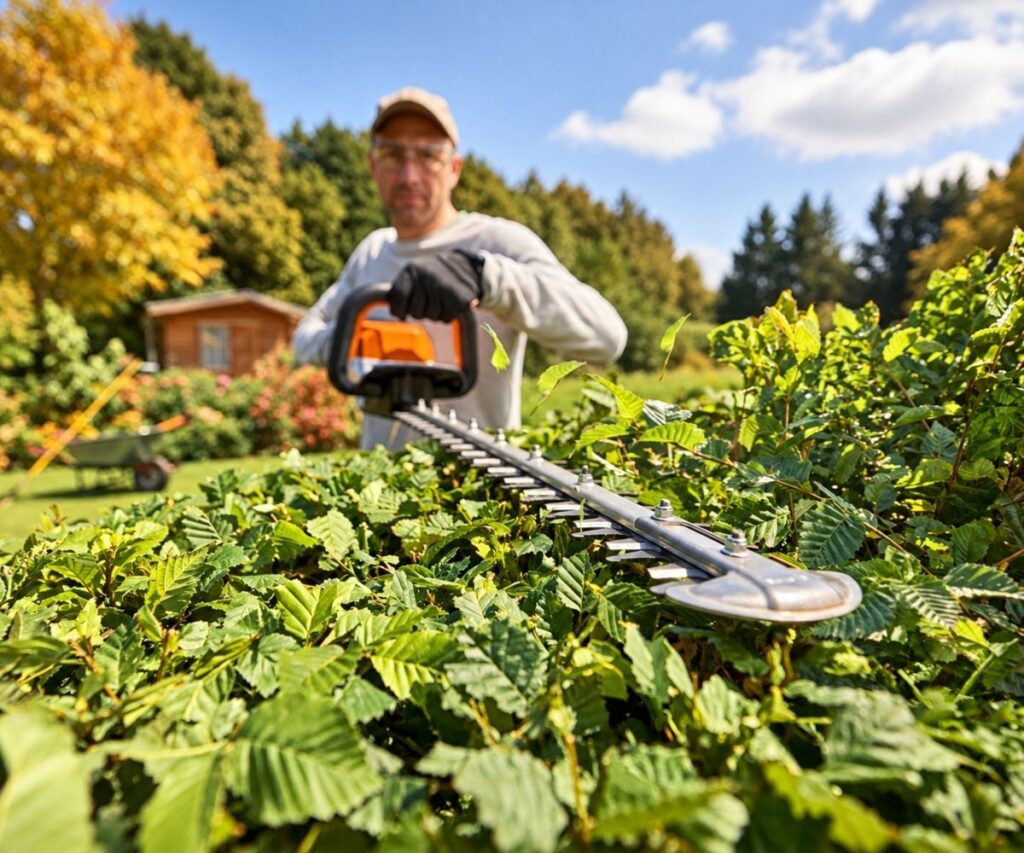 Gardener using a Stihl hedge trimmer to cut back an overgrown hedge in a sunny autumn garden, preparing hedges for winter.